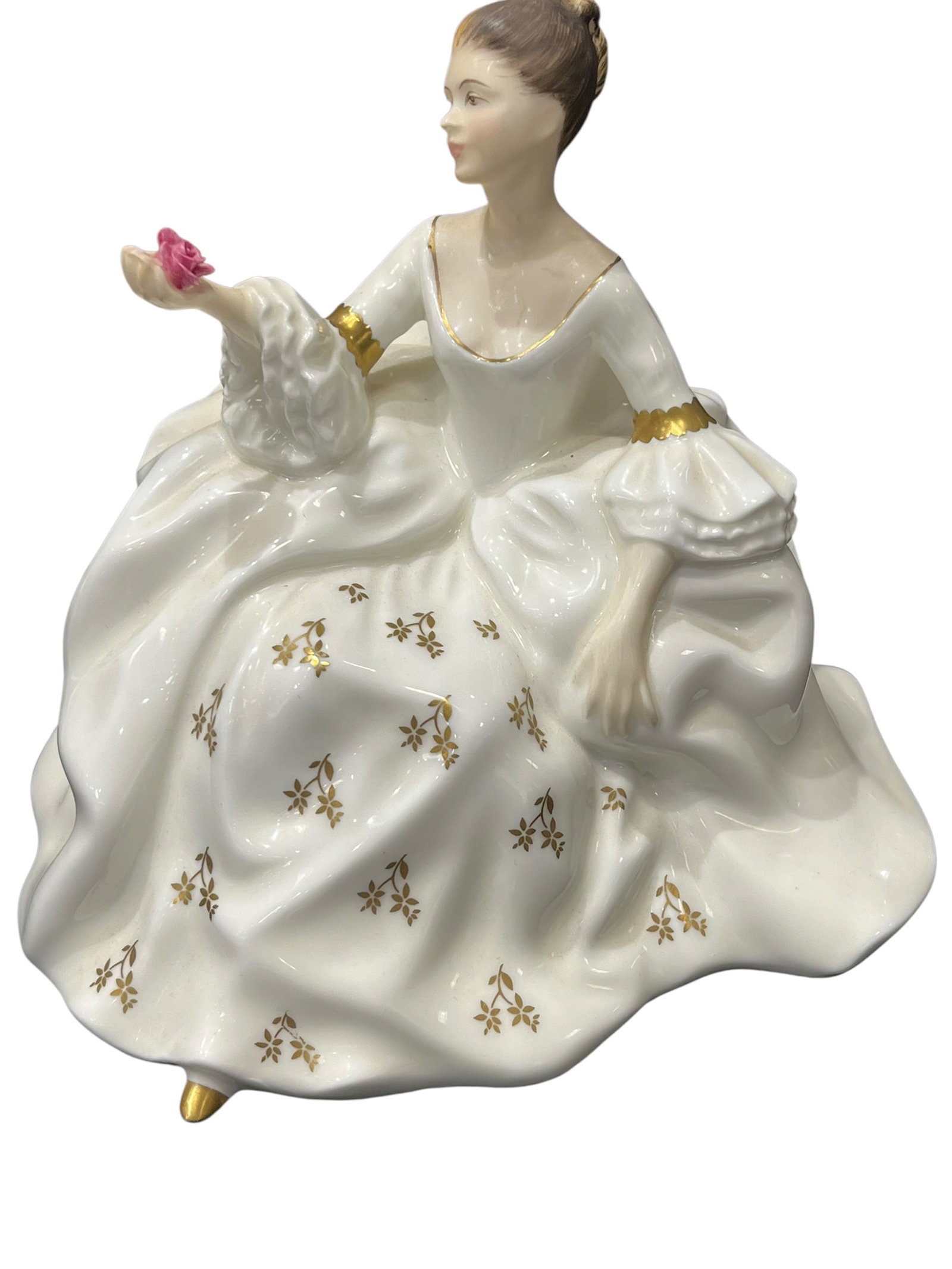 Royal Doulton “My Love?? Porcelain Figurine: Vintage Royal Doulton “My Love” porcelain figurine, HN 2339, copyright 1965, made in England by Doulton & Co. Limited. Elegant figure depicts a seated young lady in a flowing white gown decora