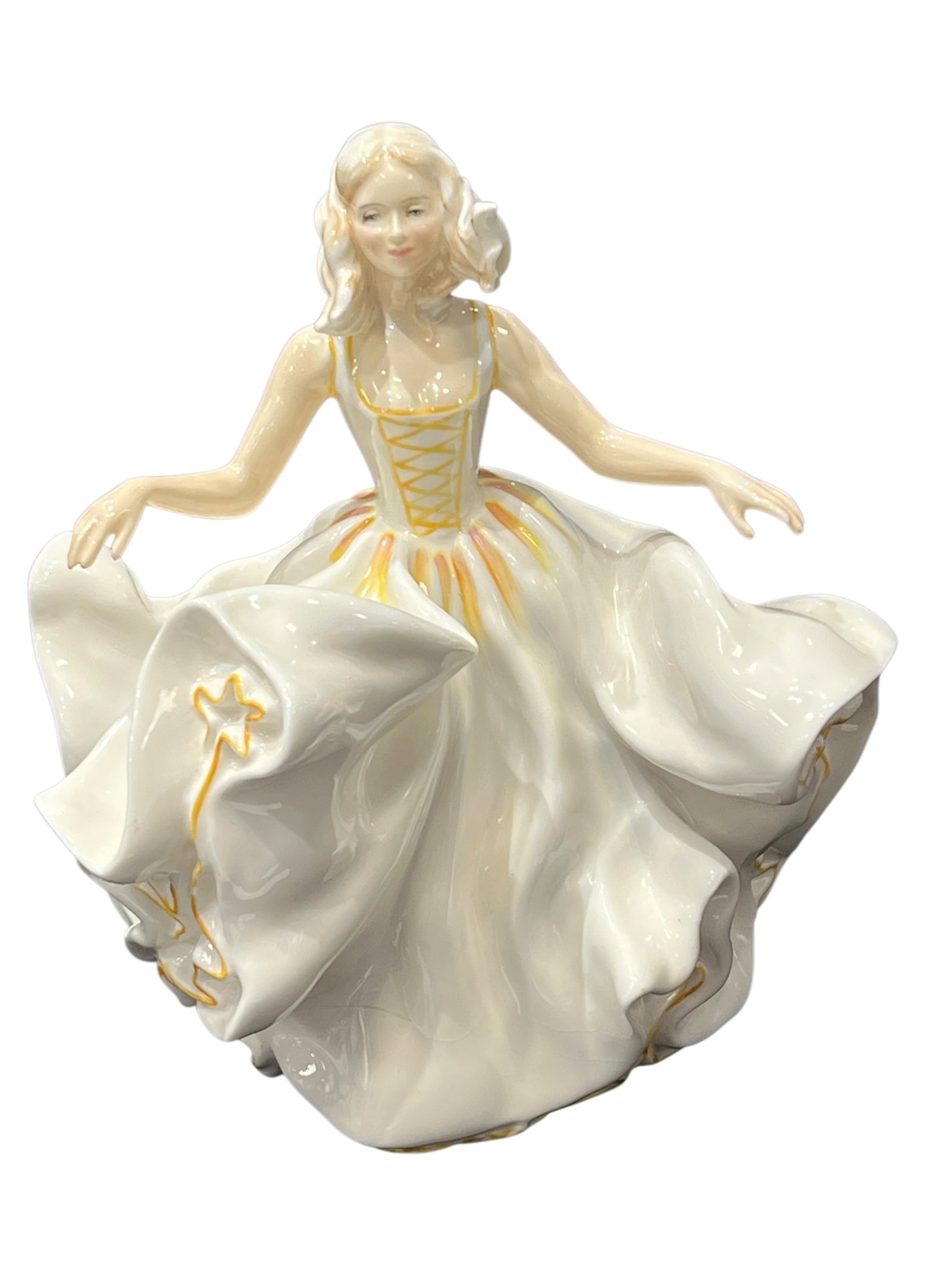 Royal Doulton “Sweet Seventeen: Vintage Royal Doulton “Sweet Seventeen” porcelain figurine, HN 2734, copyright 1974. Depicts an elegant young woman posed in a sweeping white ball gown, her arms extended as she gracefully lif