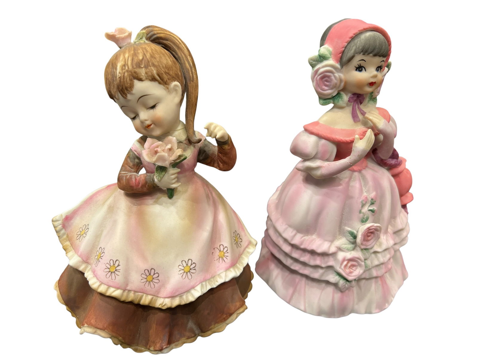 Pair of Vintage Lefton Japan Porcelain Lady Figurines – KW340B & Companion: Charming pair of vintage Japanese porcelain lady figurines, including one clearly marked Lefton, Trade Mark Exclusives, Japan, KW340B. Both figures are modeled as elegantly dressed young women in full
