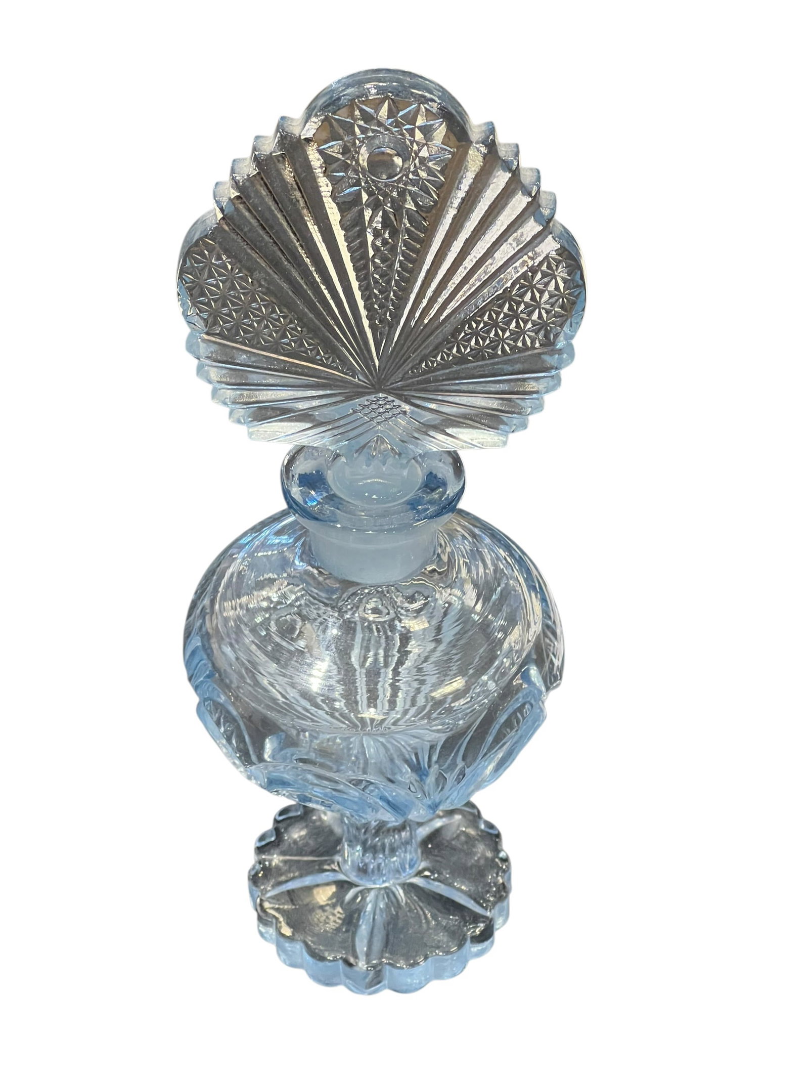 Vintage Pressed Glass Perfume Bottle with Ornate Fan-Shaped Stopper (1 of 6)