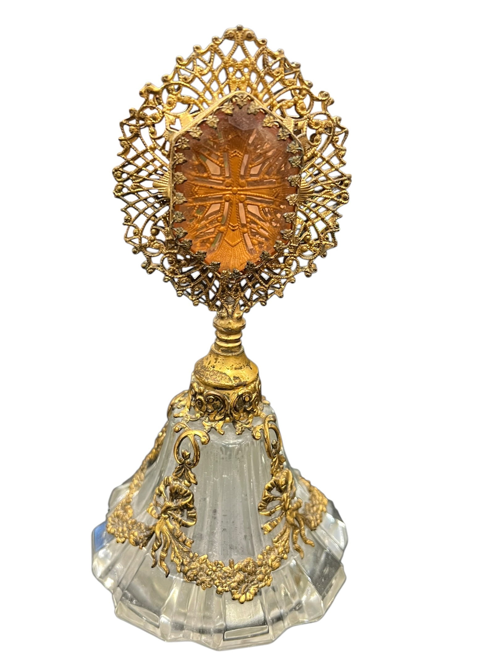 Antique Jeweled Ormolu & Cut Glass Perfume Bottle with Amber Intaglio Stopper: Elaborate antique-style perfume or scent bottle featuring a heavy clear cut and molded glass body embellished with ornate gold-tone ormolu-style metal mounts. The body is decorated with applied floral