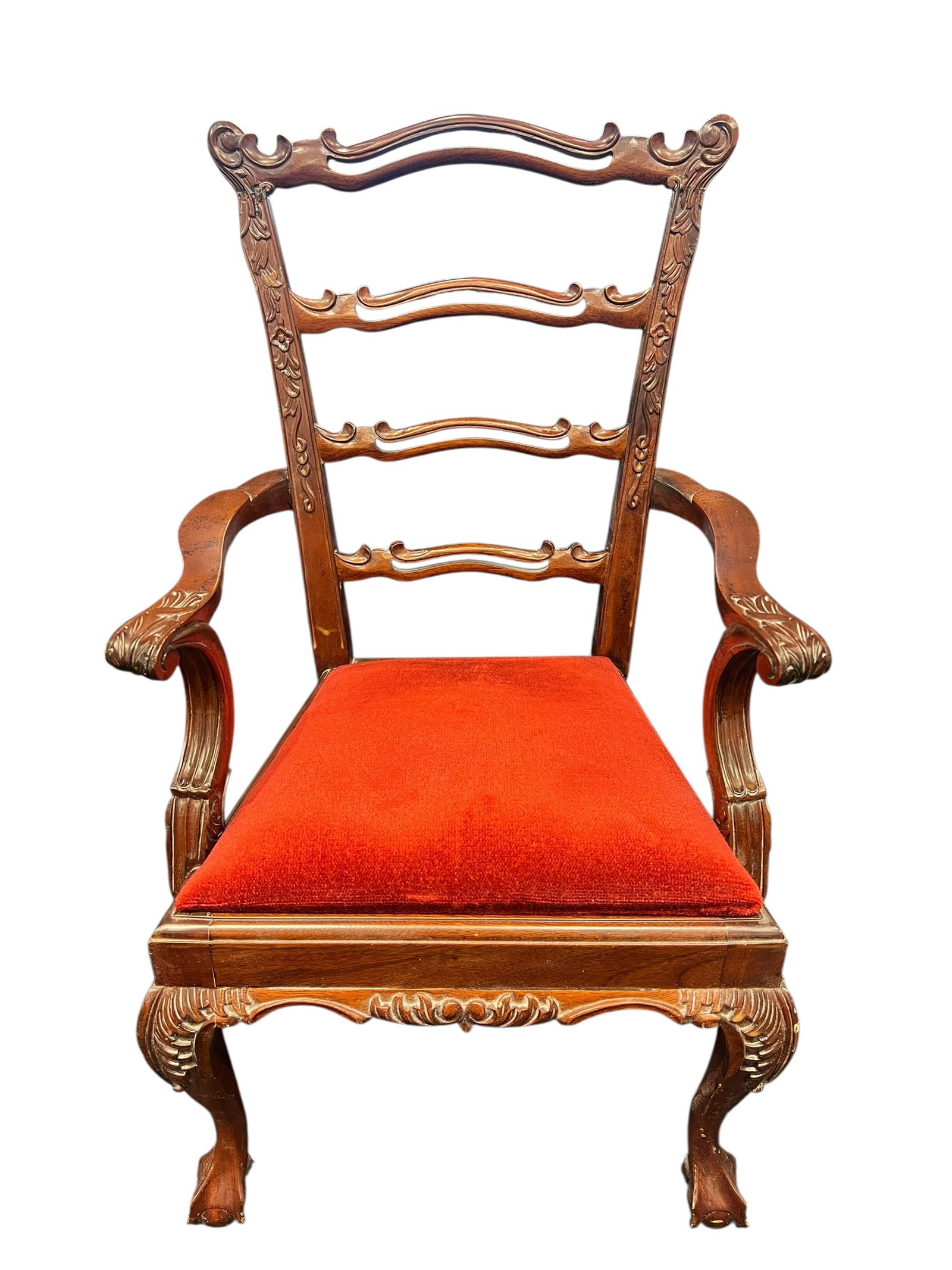 Minature Chippendale-Style Carved Mahogany Ladder-Back Armchair with Red Upholstery (1 of 5)