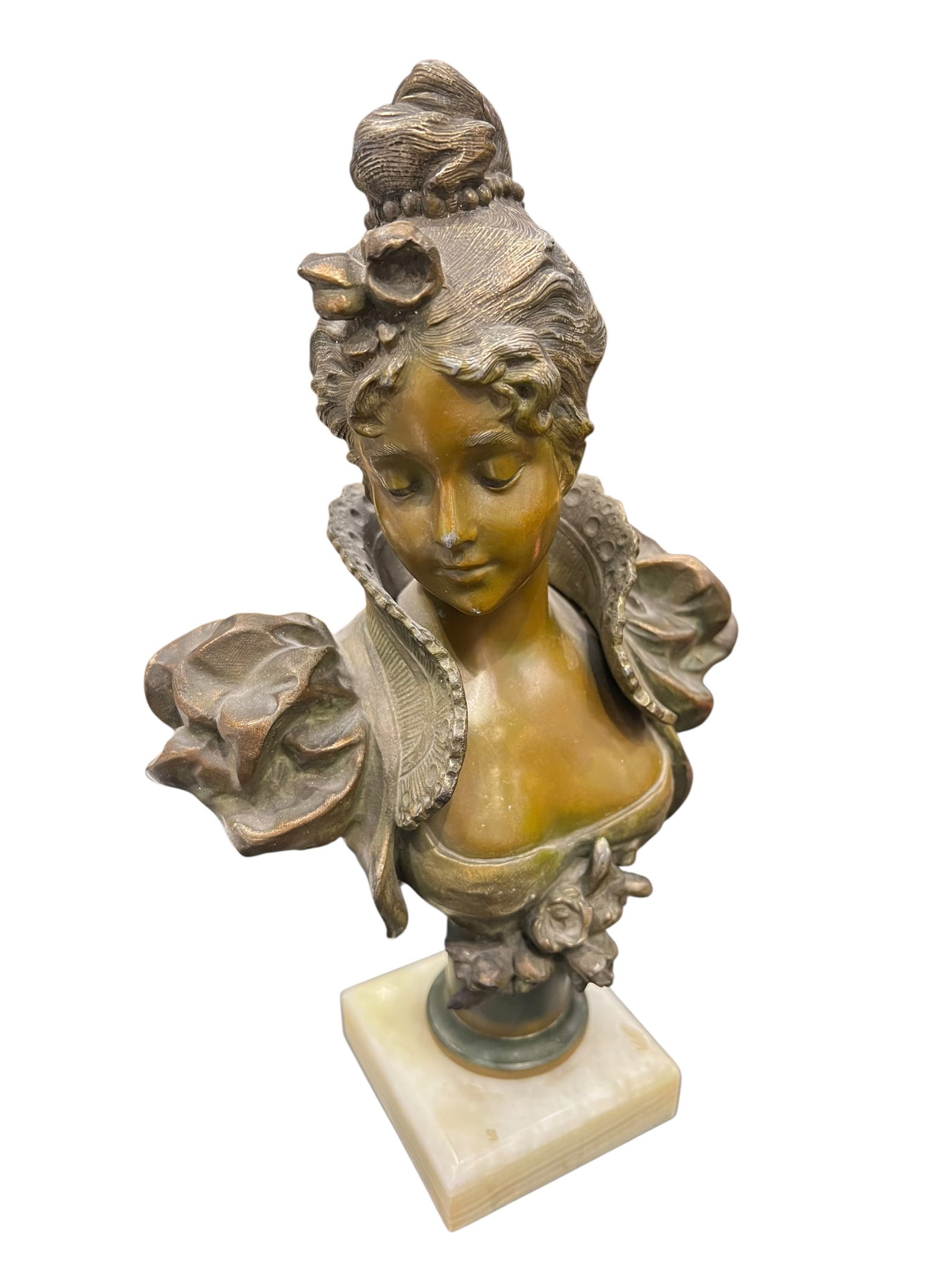 Art Nouveau / Victorian Style Bronze-Finish Lady Bust on Onyx Base: Decorative figural bust of an elegant young woman, executed in a romantic late Victorian/Art Nouveau style. The figure is portrayed with her hair swept into an elaborate upswept coiffure accented
