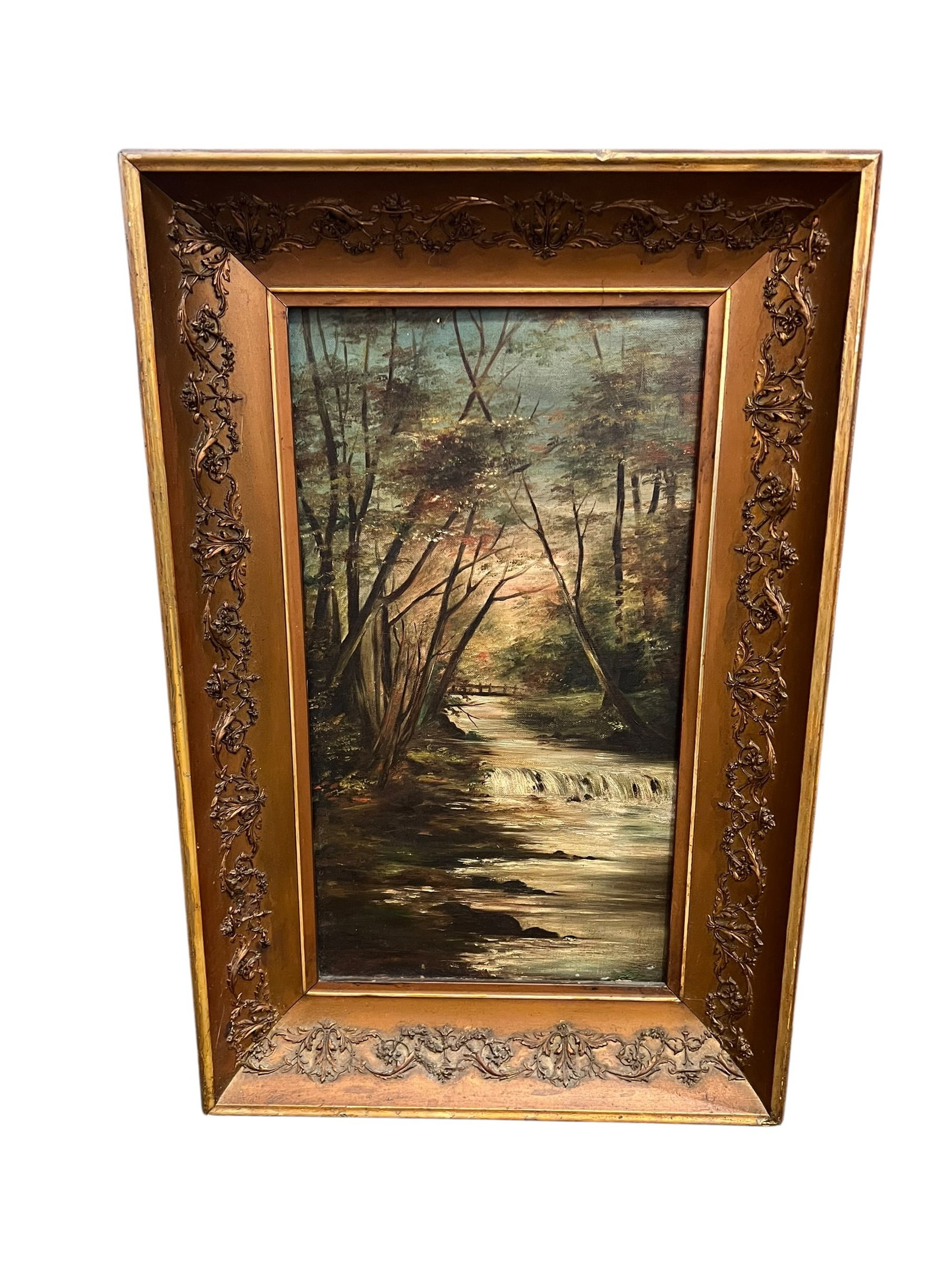 Antique Woodland Stream Landscape Oil Painting in Ornate Gilt Frame: Antique oil-on-canvas landscape painting depicting a tranquil wooded stream with a small waterfall or low dam, distant footbridge, and dense trees surrounding the waterway. The artist used loose, expr
