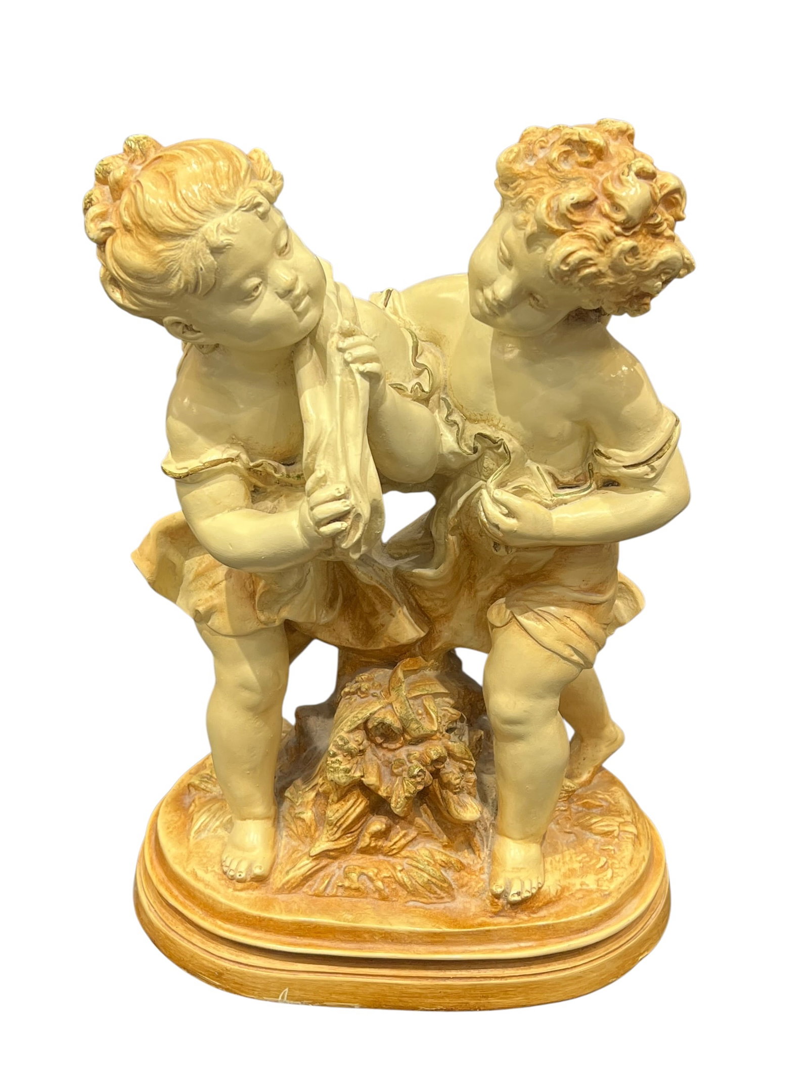 Vintage Capodimonte-Style Italian Figural Group – Two Young Women Gathering Flowers: Decorative Italian-style figural group depicting two young women in period dress gathering or carrying flowers. The figures are modeled in an animated pose with finely detailed facial features,