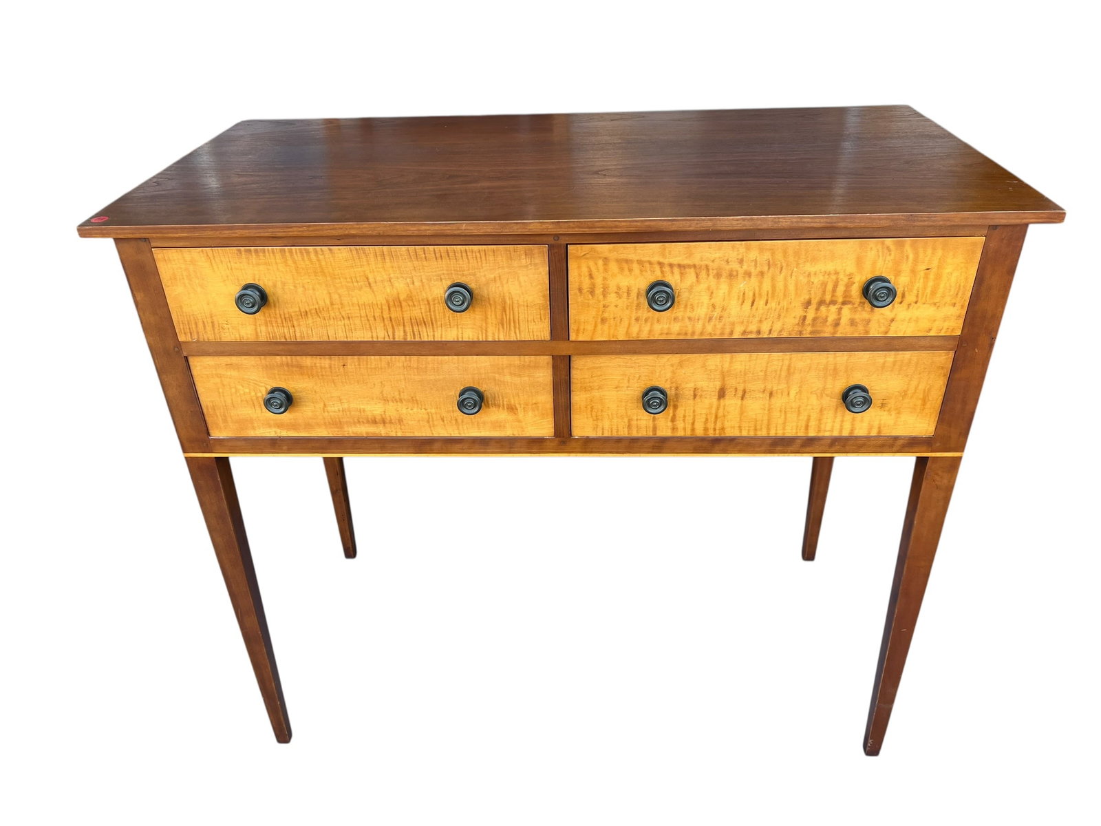 Federal Style Figured Maple & Cherry Four-Drawer Hepplewhite Server / Sideboard: Attractive Federal/Hepplewhite-style four-drawer server or sideboard featuring striking figured maple drawer fronts contrasted against a darker cherry-toned case and top. The four wide drawers are