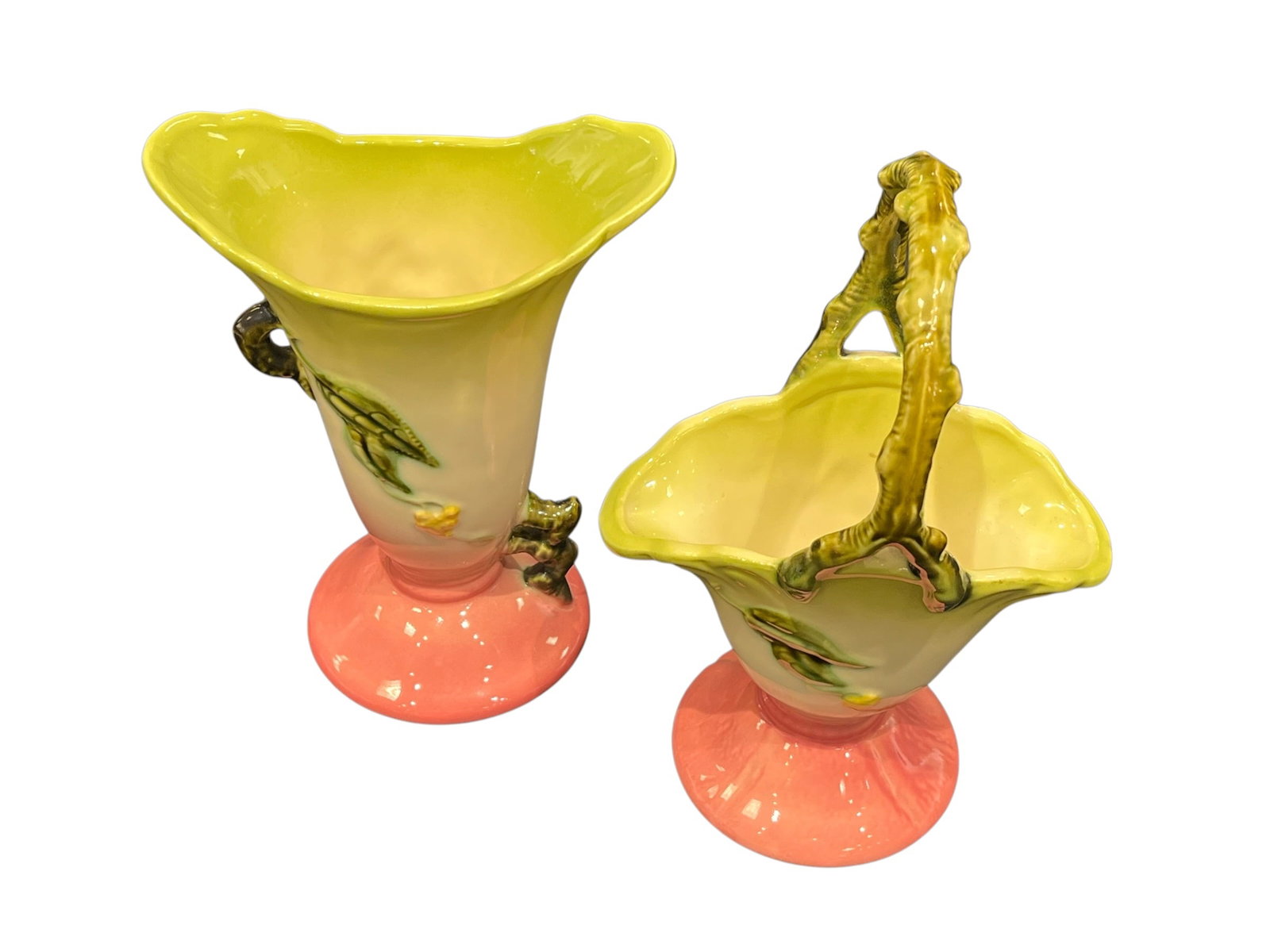Pair Hull Art Pottery Woodland Floral Vase & Basket – USA: Attractive pair of vintage Hull Art pottery pieces, consisting of a tall flared vase and handled basket. Both feature the colorful molded floral decoration and distinctive shaded glaze associated