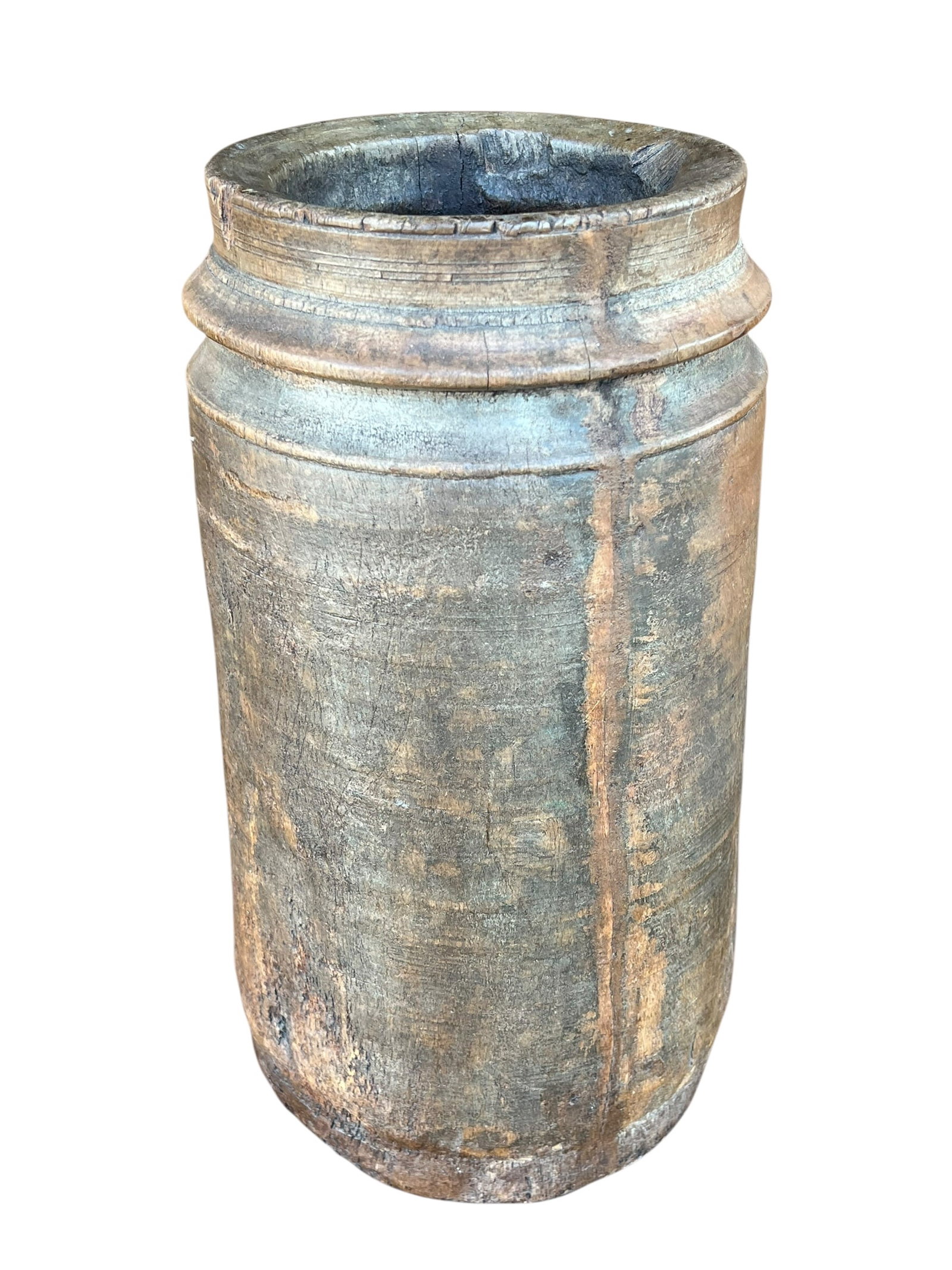 Antique Primitive Turned Wooden Mortar or horn beam barrel â€“ Heavy Patina (1 of 4)