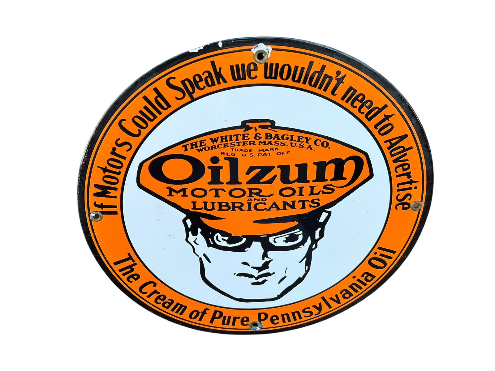Oilzum Porcelain Advertising Sign: Reproduction Round Oilzum Motor Oils and Lubricants porcelain advertising sign featuring the classic Oilzum serviceman graphic in black, white and orange. Center design reads “The White & Bagley Co.