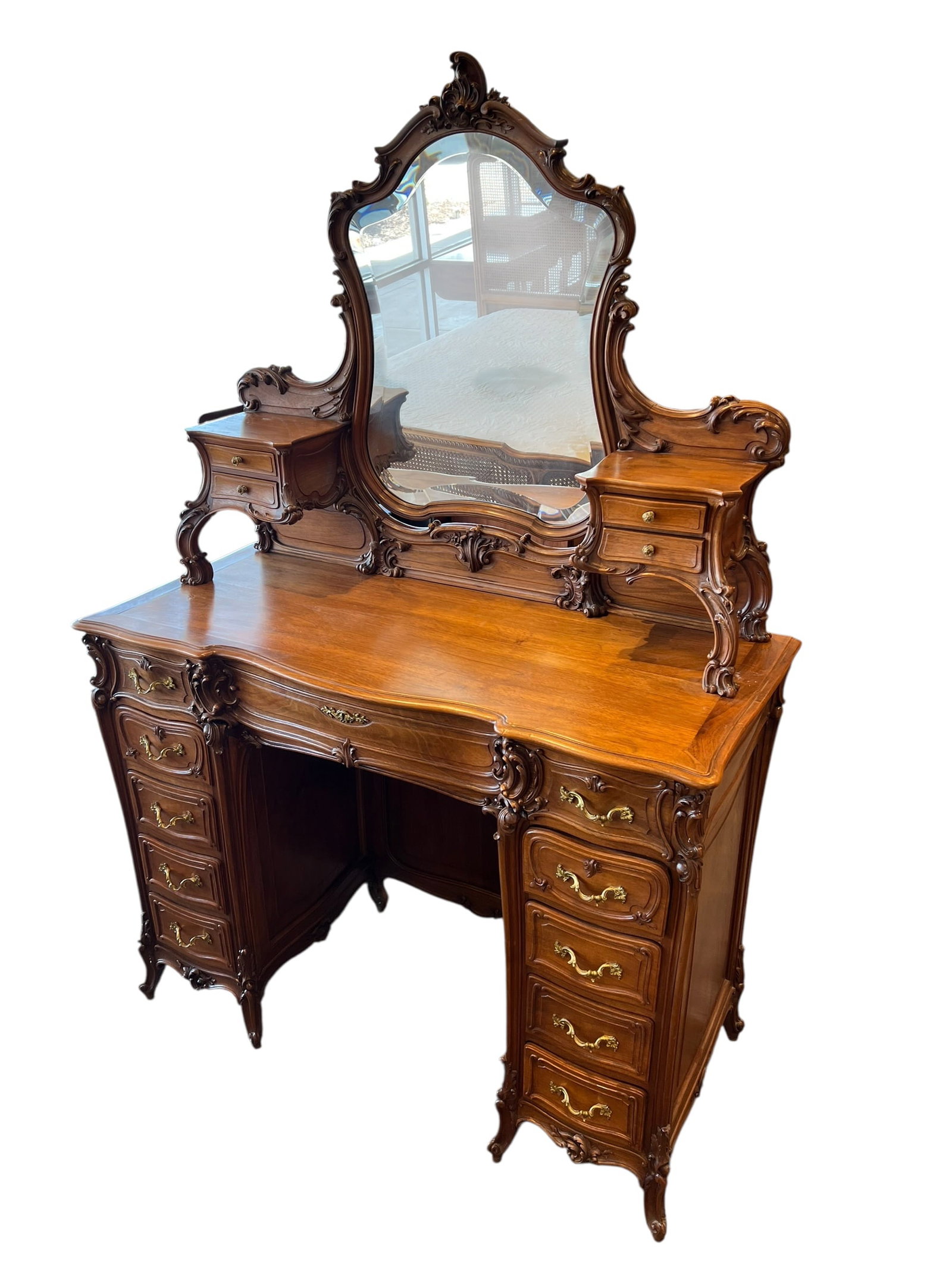 Louis XV / Rococo Revival Carved Walnut Vanity Dressing Table with Beveled Mirror (1 of 16)