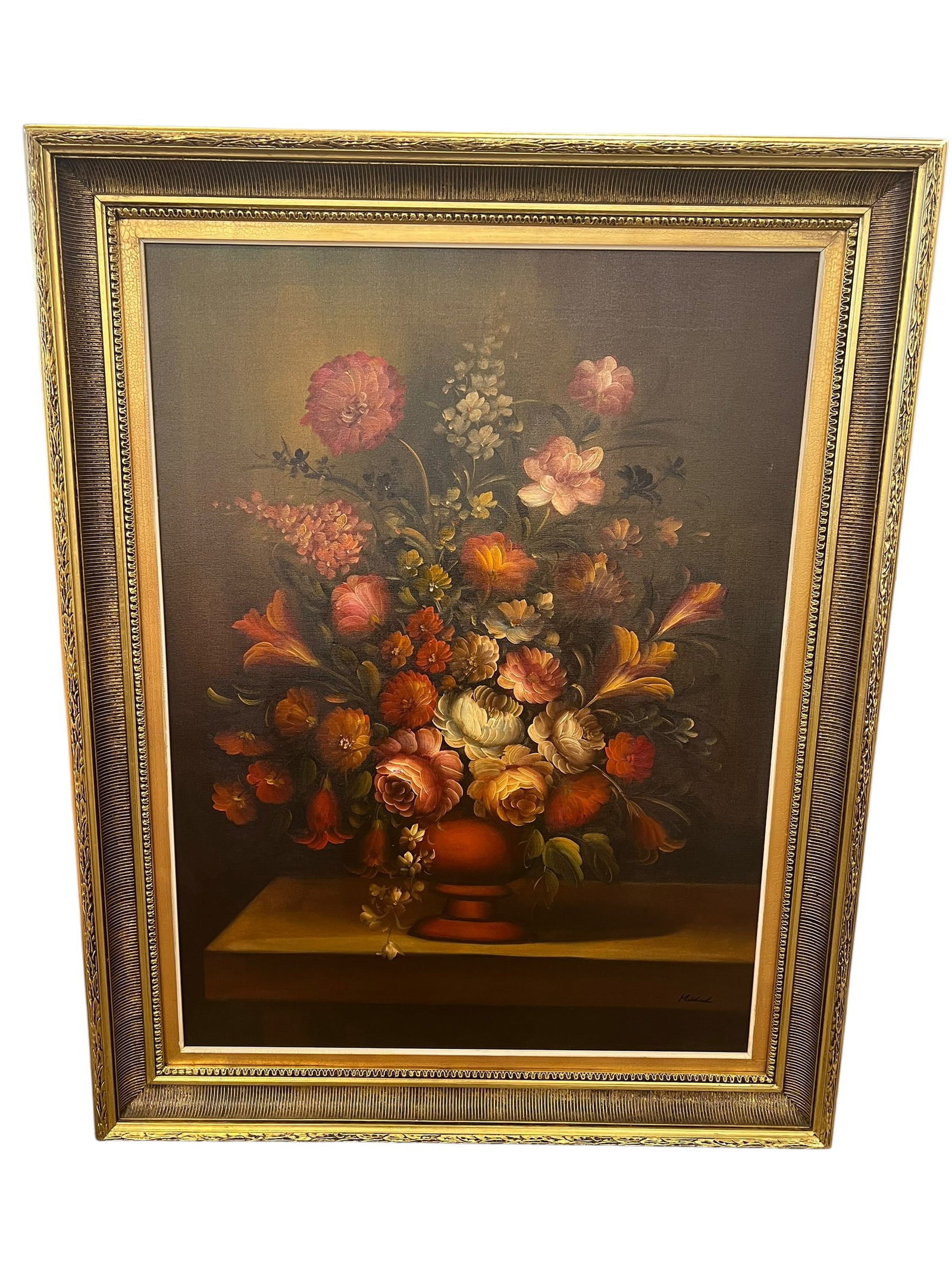 Signed “Michael” Floral Still Life Oil on Canvas in Ornate Gilt Frame: Large decorative floral still life painting on canvas, depicting an abundant arrangement of roses and assorted garden flowers in shades of red, pink, orange, cream, yellow, and white. The flowers are 