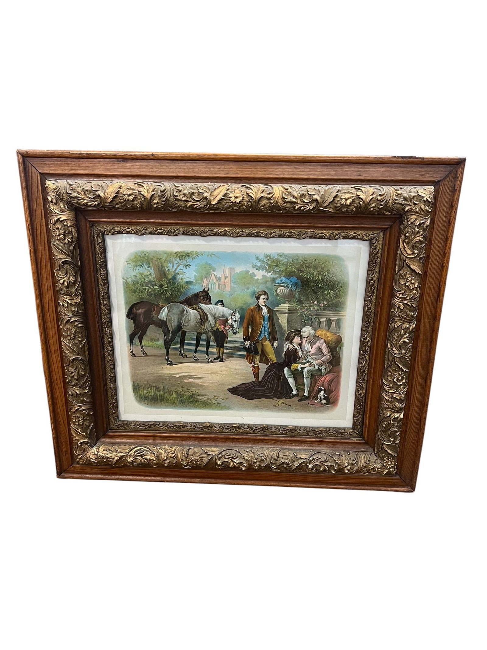 Antique Victorian Equestrian Family Scene Chromolithograph in Ornate Oak & Gilt Frame (1 of 3)