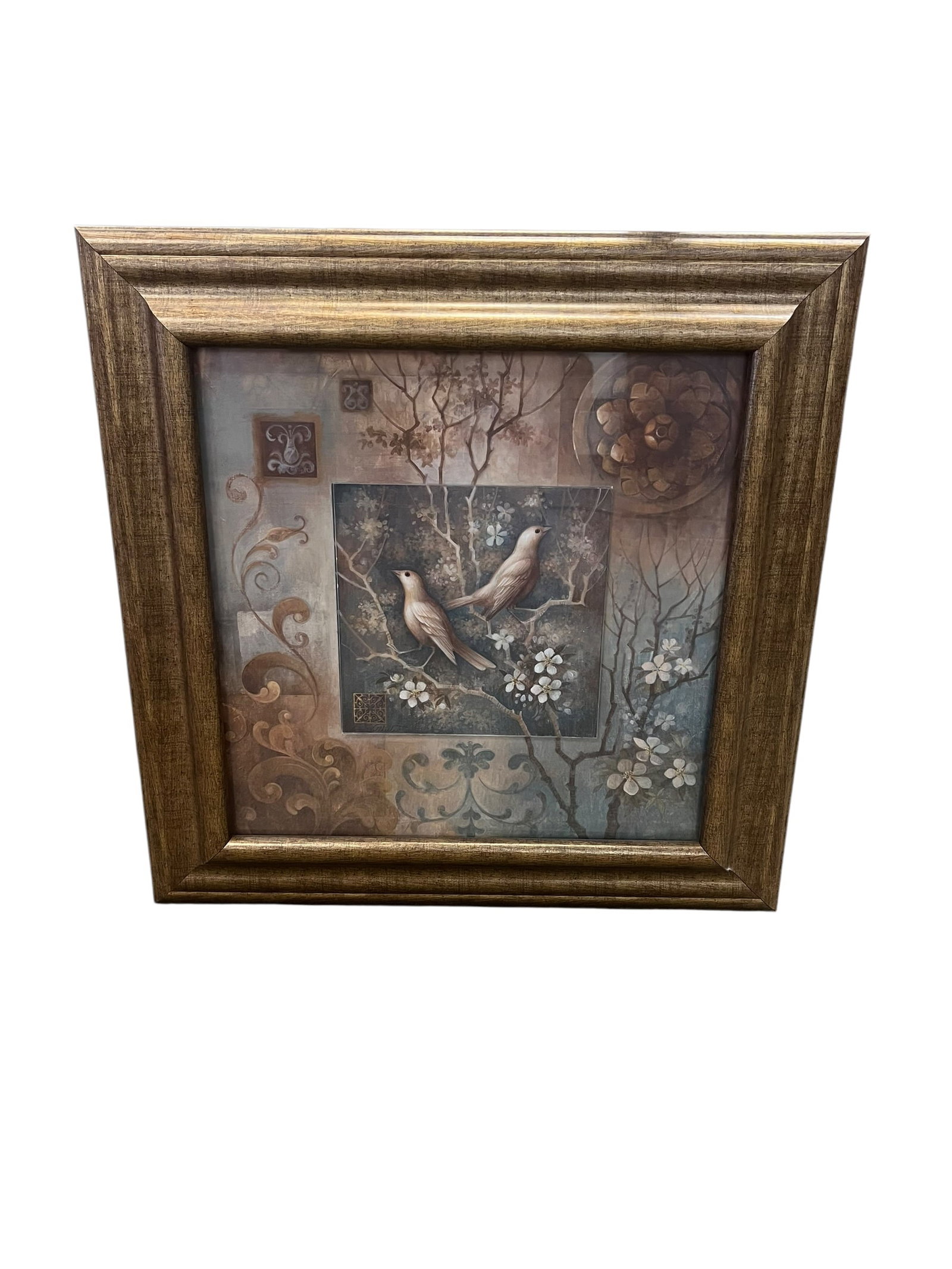 Kirkland’s Home Framed Decorative Bird & Blossom Print: Decorative framed wall art from Kirkland’s Home, featuring a pair of songbirds perched among flowering branches. The composition combines botanical imagery with scrolling foliate motifs and architec