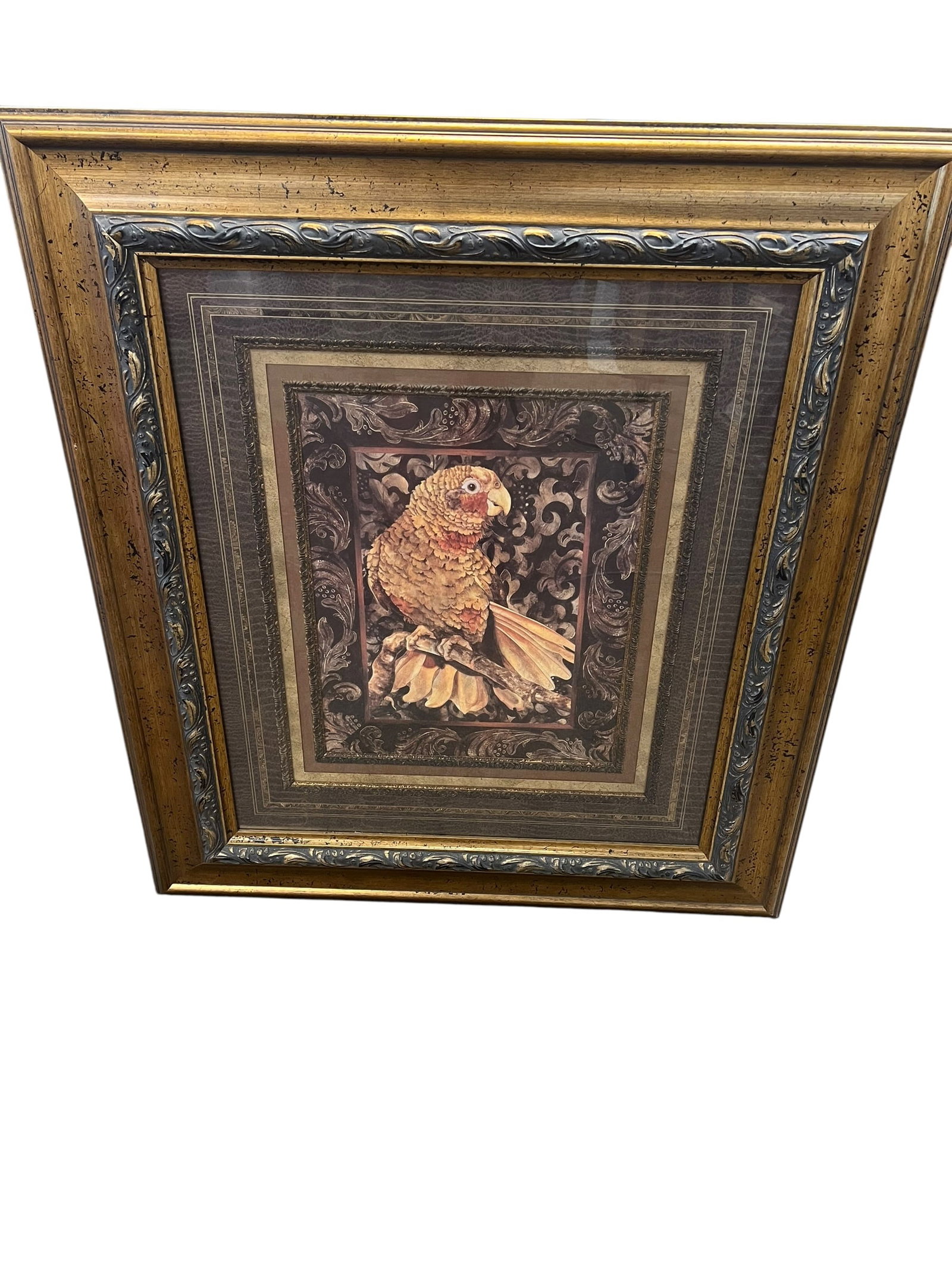 Decorative Framed Parrot Print with Ornate Baroque-Style Design: Large decorative framed print featuring a parrot perched upon a branch, rendered in warm shades of gold, rust, brown, and cream. The bird is surrounded by an elaborate Baroque-inspired foliate and scr