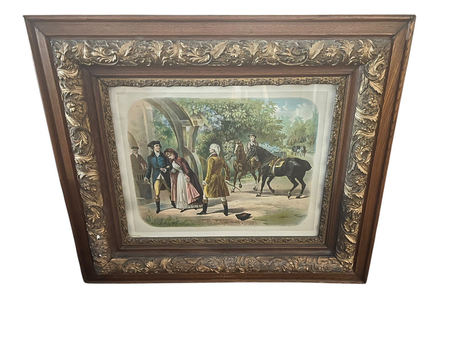 Antique Victorian Equestrian Scene Chromolithograph in Ornate Oak & Gilt Frame: Antique-style color chromolithograph depicting a dramatic Victorian equestrian scene, with a young woman being assisted by a gentleman near a garden or estate entrance. A second gentleman stands nearb