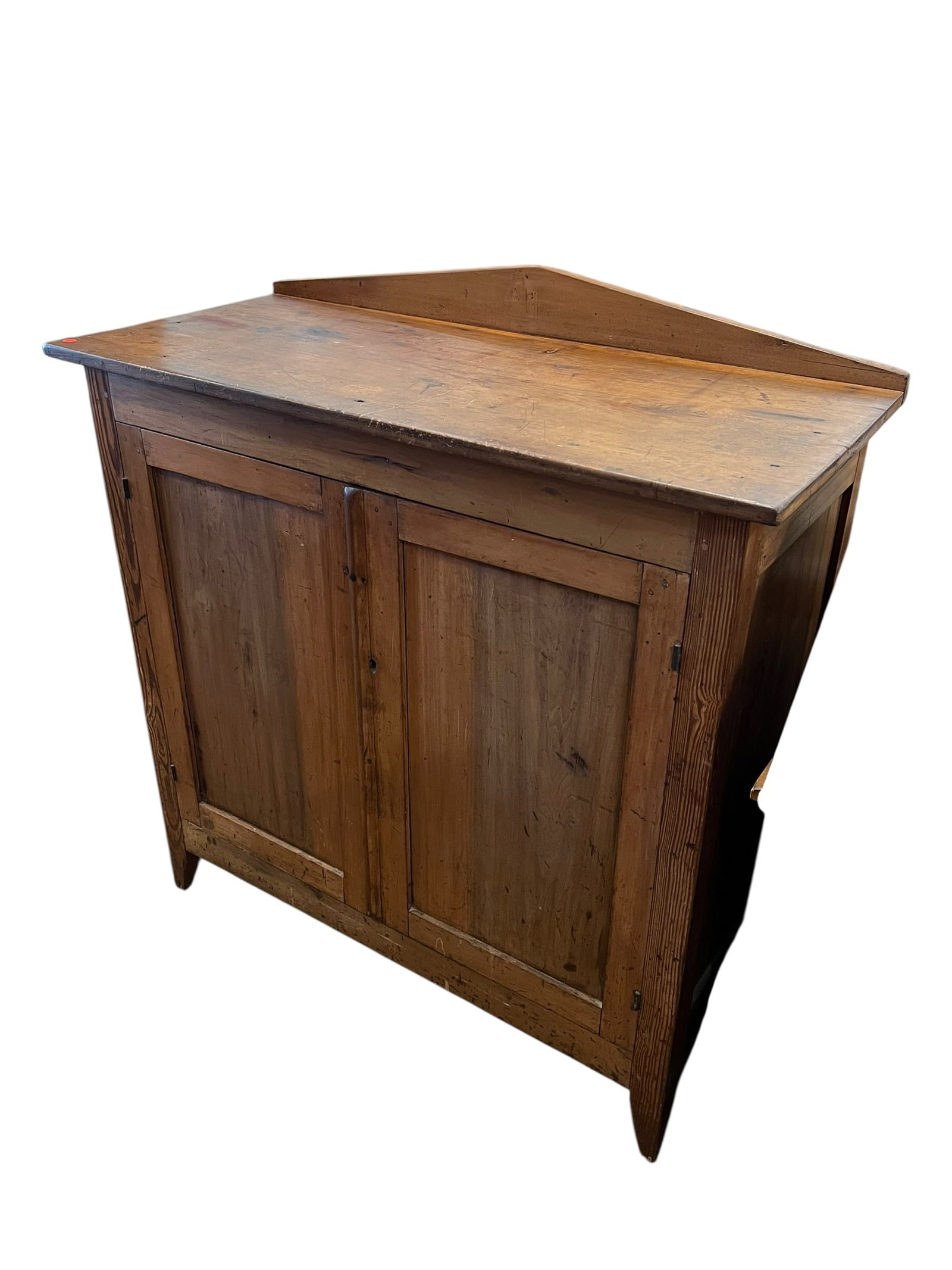Antique Southern Primitive Pine Pie Safe / Jelly Cupboard with Interior Scalloped Shelf: Antique primitive two-door pine cupboard, likely used as a pie safe, jelly cupboard, or general-purpose food/storage cabinet. Constructed of solid wood with a warm, naturally aged surface and simple v