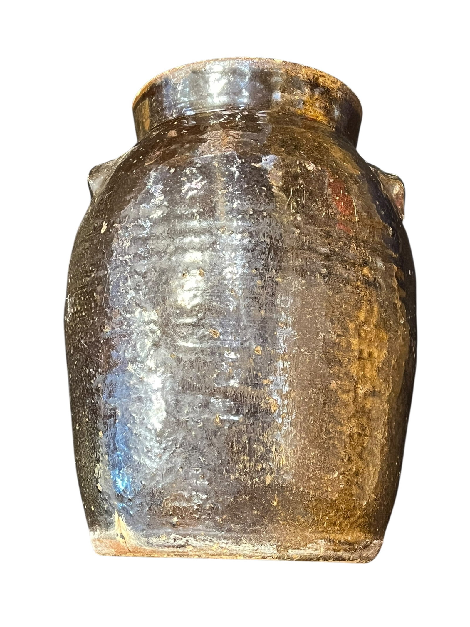 Antique Southern Stoneware Double-Handled Jar – Dark Albany Slip Glaze, Stamped: Antique Southern utilitarian stoneware jar of tall ovoid form with a short cylindrical neck and opposing applied lug handles. The vessel is covered in a deep brown to nearly black Albany-type slip gla