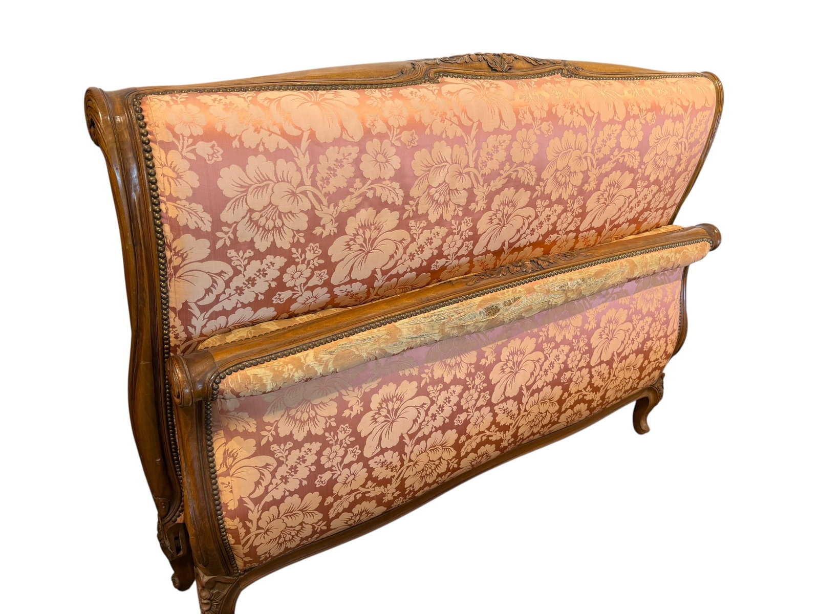 Antique French Louis XV Style Carved Walnut Upholstered Bed (1 of 9)