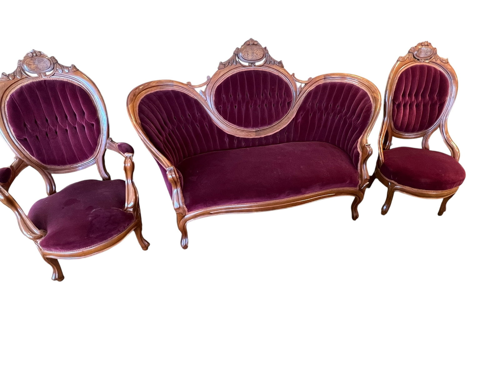 Antique Victorian Walnut Parlor Suite – Settee, Armchair & Side Chair (1 of 8)