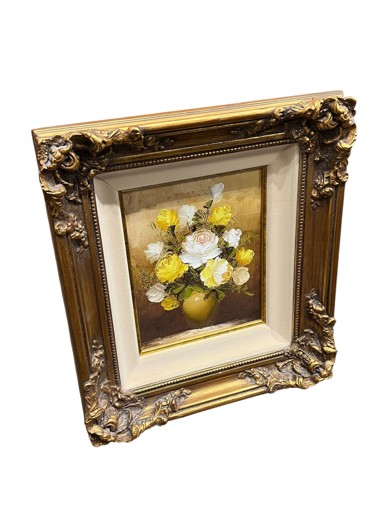 Signed Impasto Oil Painting of Yellow & White Roses in Vase, Ornate Gilt Frame: Decorative signed oil painting depicting a floral still life, featuring a lush bouquet of yellow and white roses arranged in a rounded golden-toned vase. The flowers are rendered with particularly hea