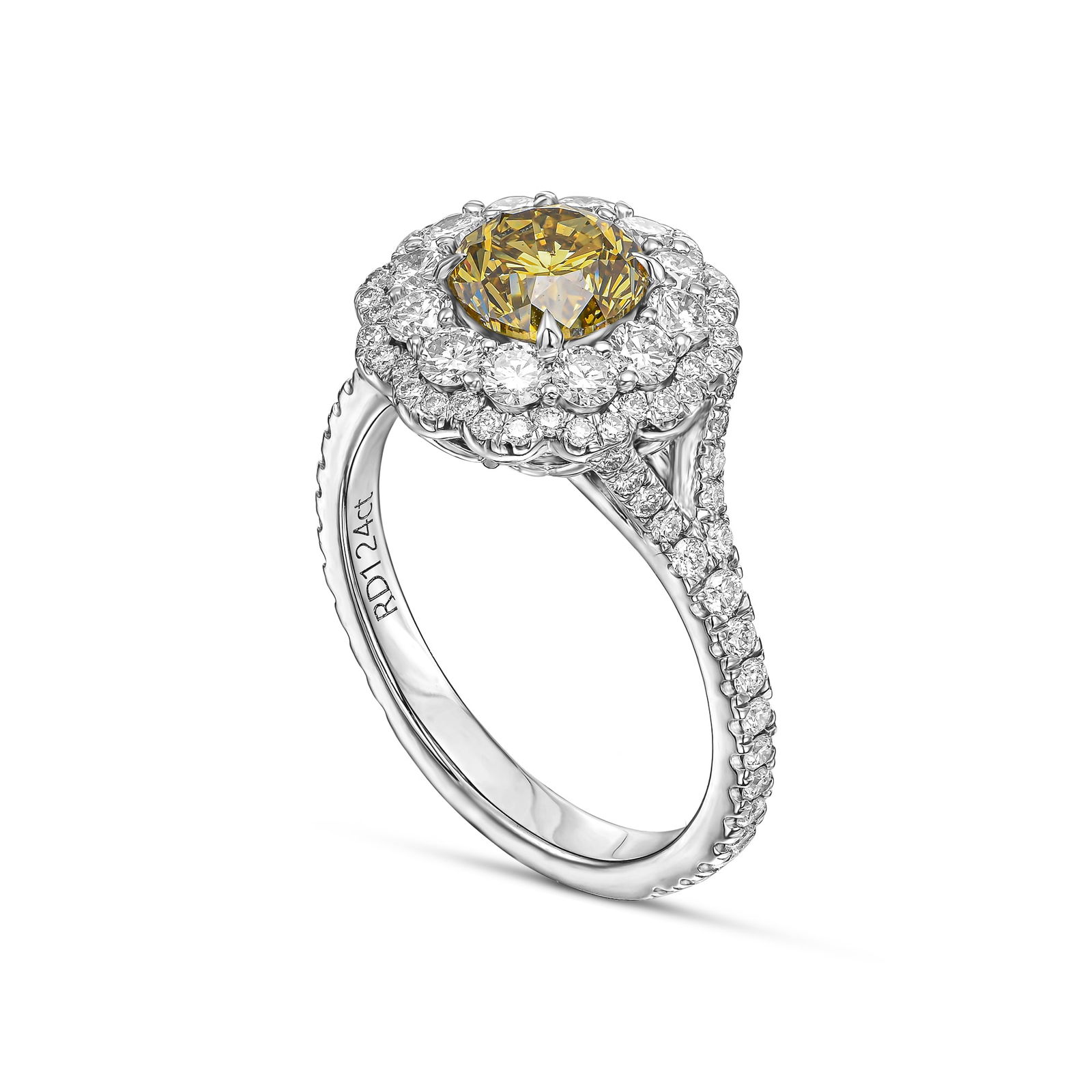 2.32 tcw Round Fancy Deep Greenish Yellow Natural Diamond in 18k White Gold Statement Ring: This beautiful white gold ring is weighing 5.35 grams. It is 100% unique and a luxury high-end engagement ring.Specifications: Main stone: 1.24ct diamond round brilliant cut, fancy deep greenish yell