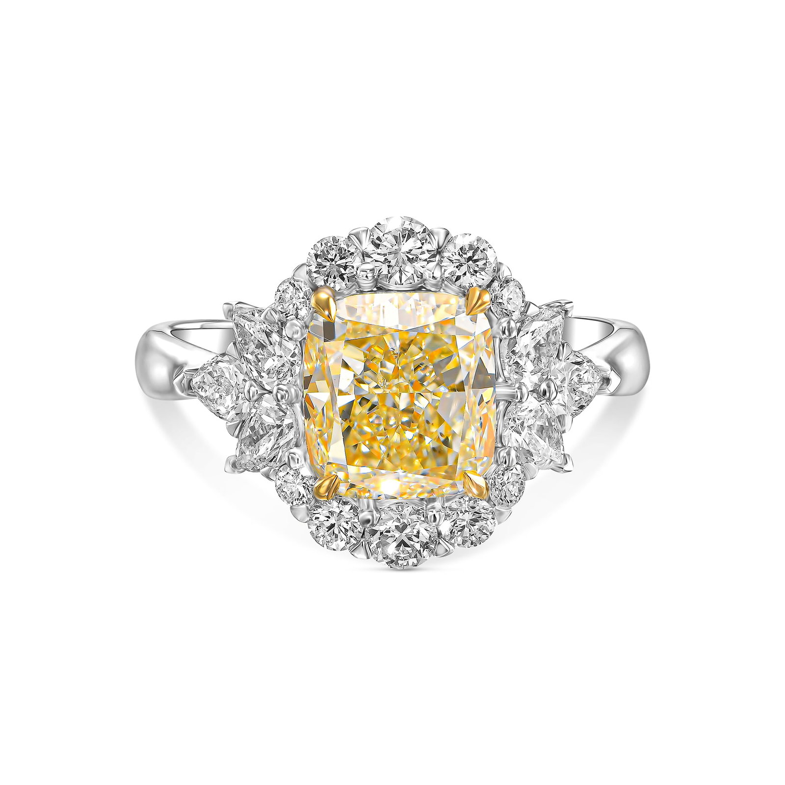 2.82 ct Cushion Fancy Yellow Natural Diamond in 18k White Gold Statement Ring: 18k white gold cushion shape 3.93 tcw. This beautiful ring is 100% unique and a luxury high-end engagement ring.Specifications: Main stone: 2.82ct cushion cut, fancy yellow color, VS clarity Su