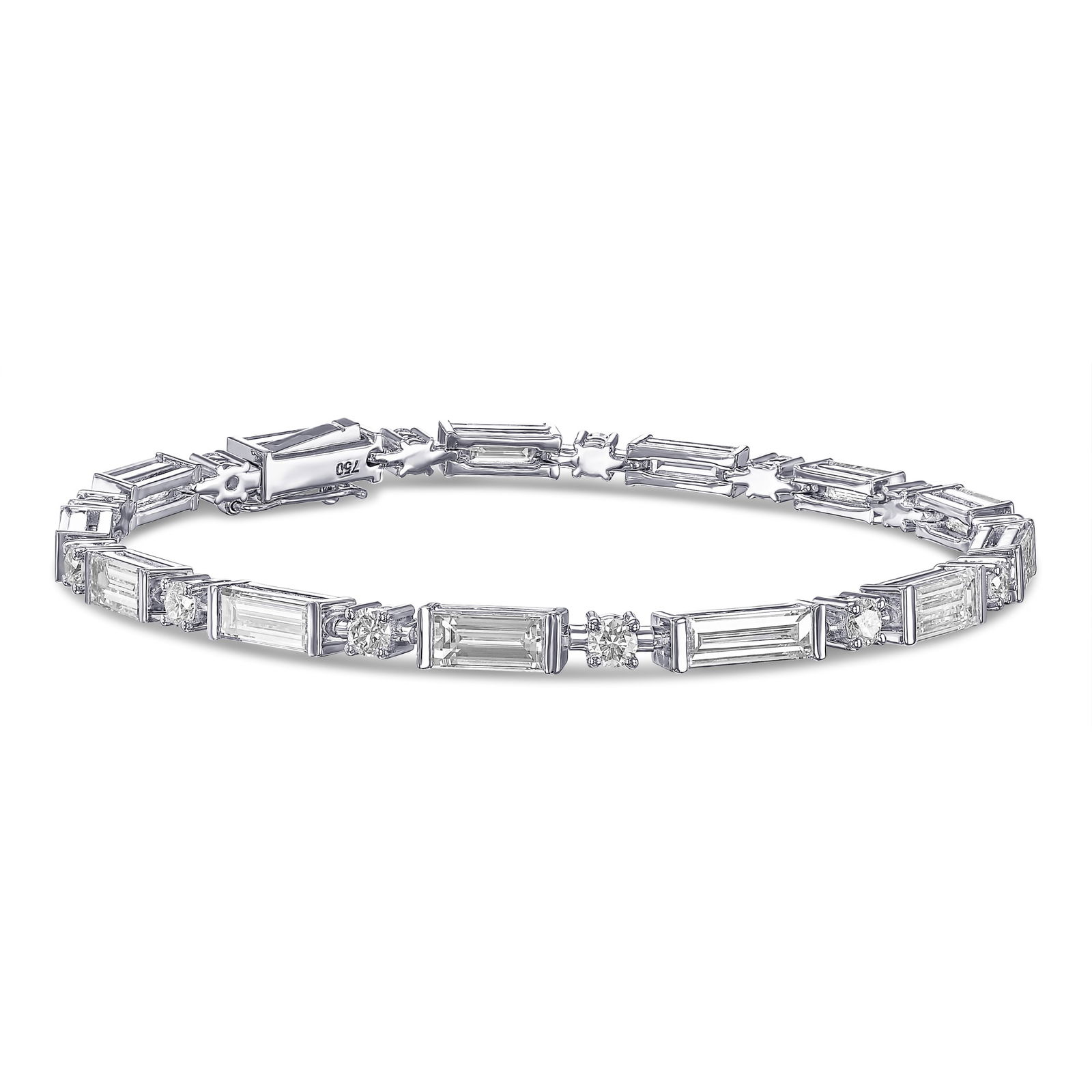 6.26 tcw Baguette Natural Diamond in 18k White Gold Tennis Bracelet: A beautiful 18K white gold tennis bracelet with 6.26 total carat weight. Set with 13 stones, baguette shape, 5.26 carat and 13 stones round, 1.00 carat, F+ color, VVS-VS clarity. This beautiful bracel