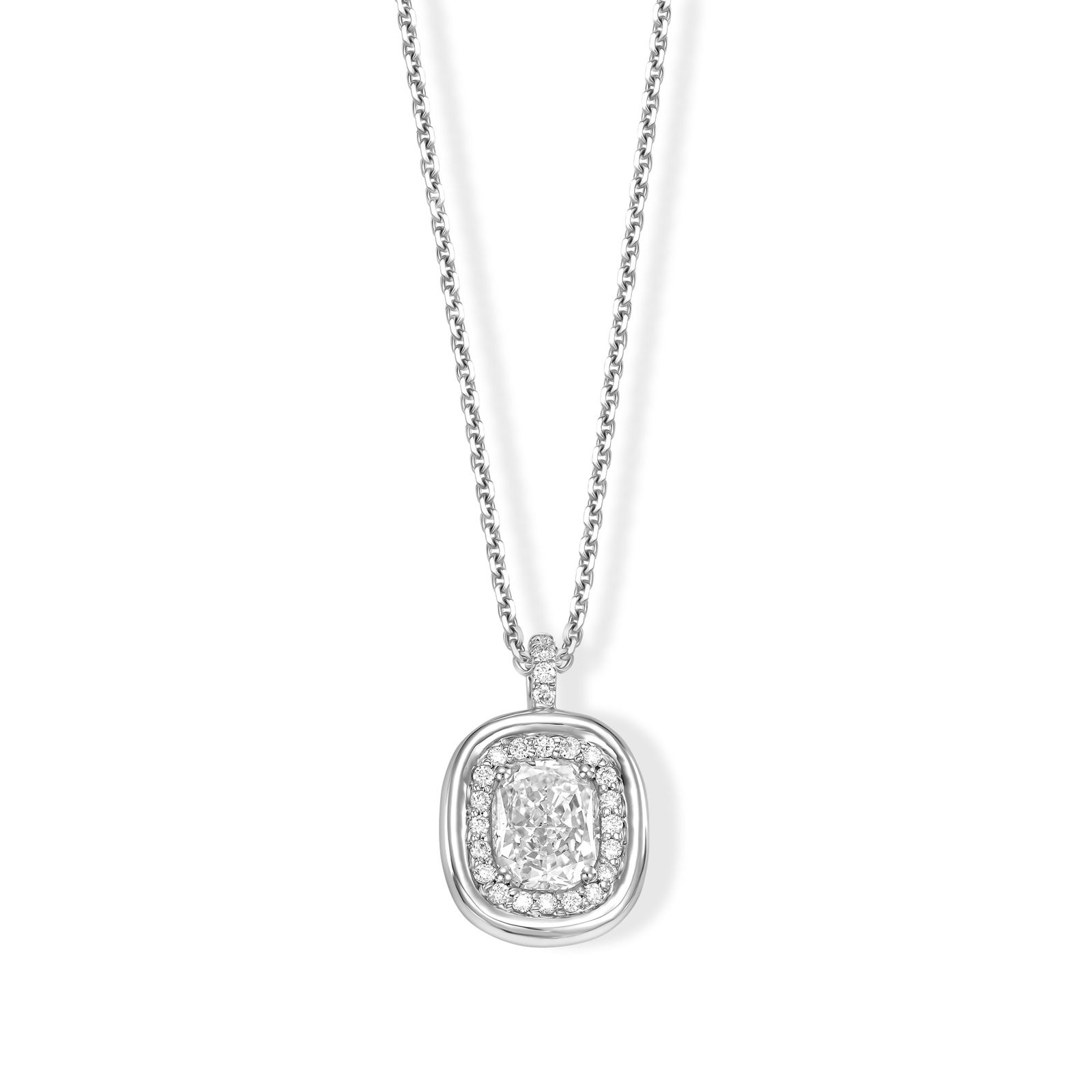 18k White Gold Halo Pendant Necklace With 1.01 tcw Cushion Cut Natural Diamond: A beautiful 18K white gold pendant necklace featuring a 0.87ct cushion-cut main diamond, F color, and VVS2 clarity, accented with sparkling round side diamonds totaling 0.14ct. This exquisite pendant