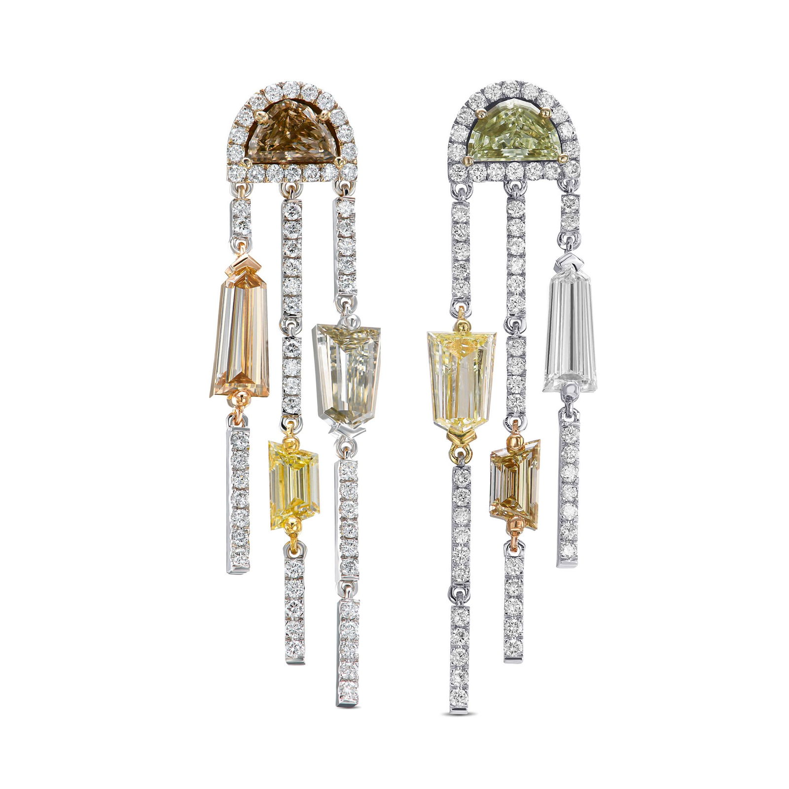 4.58 tcw Natural Diamond in 18k white & Yellow Gold Dangling Earrings: A beautiful 18K white & yellow gold dangling earrings with multicolor and mixed-shaped diamonds with a total carat weight of 4.58Ct. This statement earrings is 100% unique and a luxury high-end ea