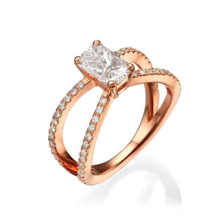 1.14 ct Radiant Cut Natural Diamond in 18k Rose Gold Engagement Ring: A beautiful radiant cut diamond ring, set in 18K rose gold with 52 round diamonds, 0.27 carat. The center stone is 1.15 carat, radiant cut, GIA certified, D color, IF clarity. This beautiful ring is 1