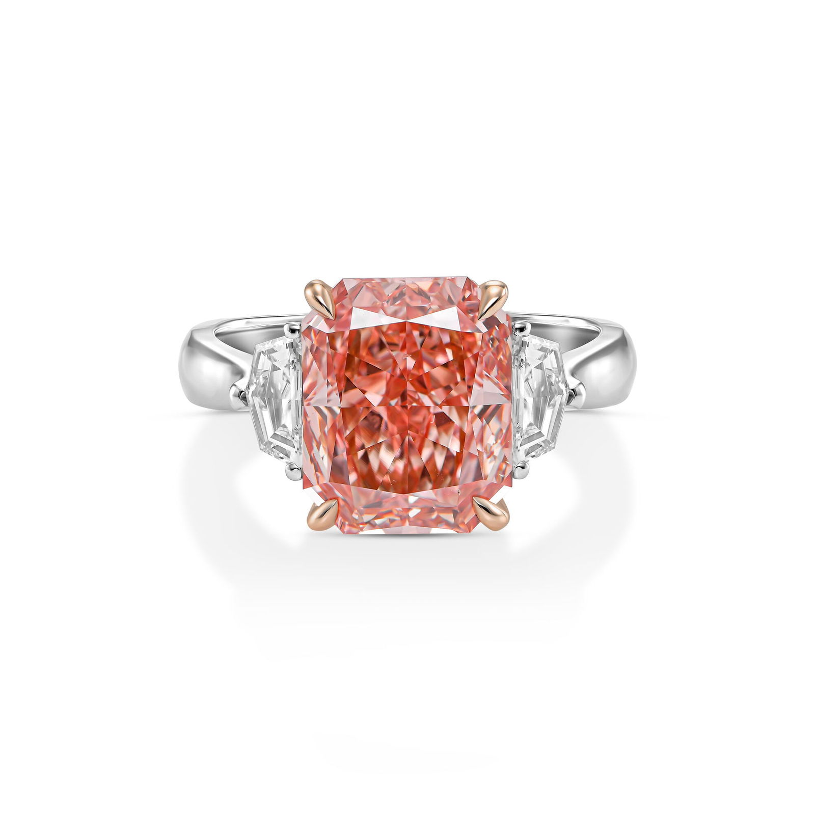 Platinum Statement Ring With 4.29ct Fancy Vivid Pink Radiant (Treated Color)Diamond: A beautiful 4.29 ct Fancy Vivid Pink Radiant in a Platinum and 18k Gold Statement RingThis beautiful Ring is 100% Unique a