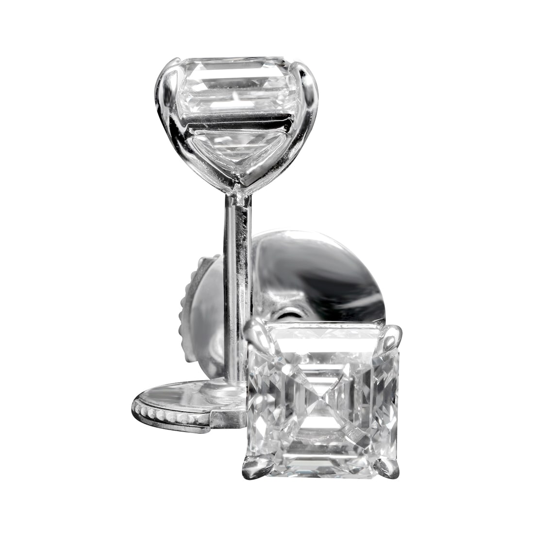 1.85 tcw Asscher Cut Natural Diamond in 18k White Gold Stud Earrings: A beautiful pair of earrings in 18k white gold set with 2 asscher cut diamonds weighing 1.85ct. This beautiful earrings is 100% unique and a luxury high-end earrings. Specifications: Stone #1: 0.92 c