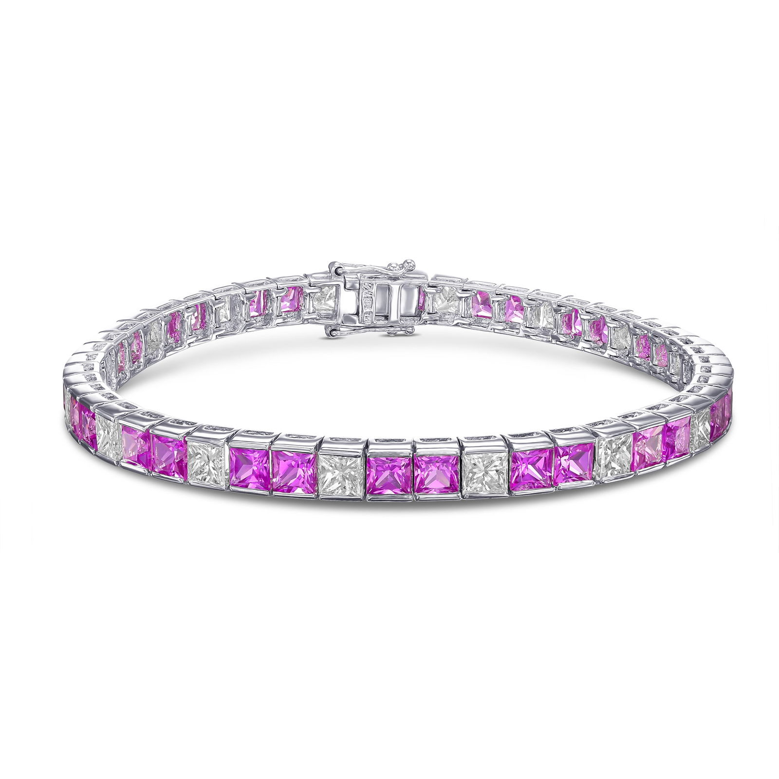 16.10 tcw Princess Cut Natural Diamond & Pink Sapphires in 18k White Gold Tennis Bracelet: A beautiful 18K white gold tennis bracelet with princess cut diamonds and pink sapphires with a total carat weight of 16.10 carat. This beautiful bracelet is 100% unique and a luxury high-end bracelet