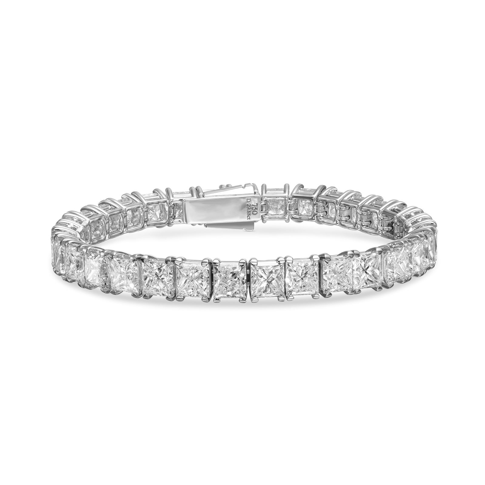 29.88 tcw Princess Cut Natural Diamond in 18k White Gold Tennis Bracelet: A stunning 18K white gold bracelet set with 33 princess cut diamonds totaling 29.88ct (all GIA certified). This beautiful bracelet is 100% unique and a luxury high-end piece.Specifications: Metal: 18