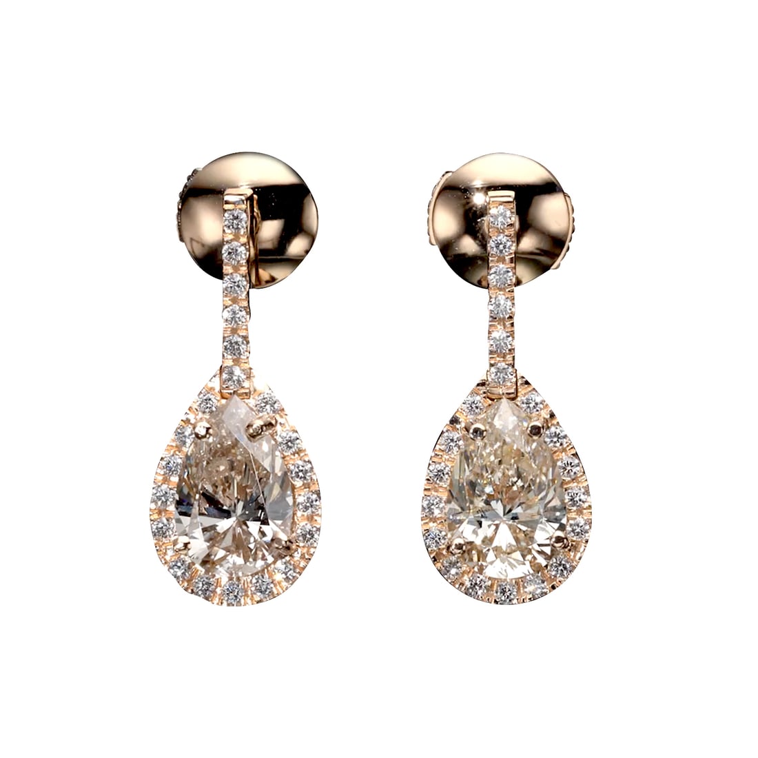 2.87 tcw Pear Shape Natural Diamond in 18k Rose Gold Drop Earrings: A beautiful 18K rose gold pear shape drop earrings with 2.87 TCW natural diamonds. This beautiful earrings is 100% unique and a luxury high-end earrings. Specifications: Metal purity and color: 18K ro