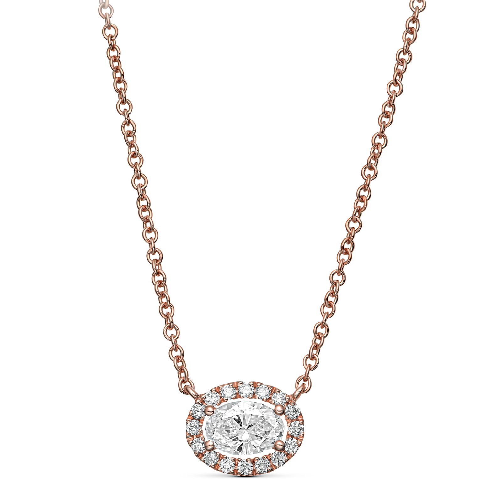 0.54 tcw Oval Natural Diamond in 14k Rose Gold Halo Pendant: A beautiful 14k rose gold oval necklace 0.54 tcw. This beautiful necklace is 100% unique and a luxury high-end necklace. Specifications: Main stone: 0.41ct oval cut, E color, VVS clarity, with IGI cer