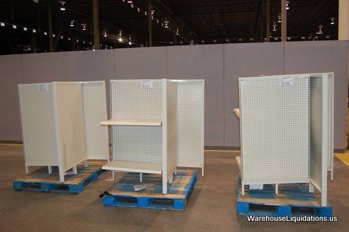 4 Way Islanders: Three 4 Way Islanders measures 33x48 with 9 shelves included. Weight 663lbs Quantity: 3 Size: 33x48 Weight: 663