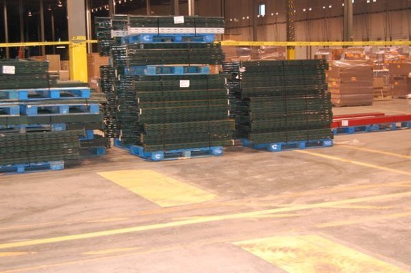 Beams Upright Frames and Waterfall Shelves: Beams and Upright Frames - 92 beams 103-3/4 x 4-1/2 and 84 uprights frames 60 x 40 Weight 6955lbs Waterfall Style Shelves 44" x 44-1/2" , 2" x 4" Mesh Used in Tall Steel with 44" frames weight 
