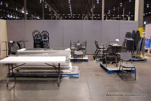 Banquet Plastic Tables, White and Chairs: White Banquet Plastic Tables, and Chairs: QTY 14ea. Tables 71L x 30W, QTY 15ea BLK Aluminum Chairs w/ Blue Padding, QTY 53 ea Grey Plastic Chairs w/metal legs. Weight 1170lbs on 6 pallets.Quantity; 6