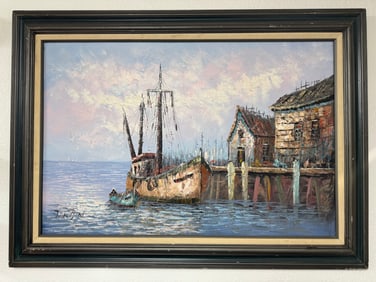 New England Harbor oil painting