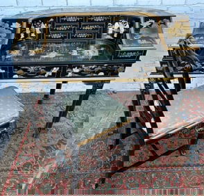 Vntg. Black lacquer Japanese mother of pearl embellished two tier desk.