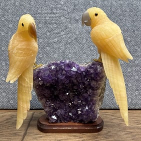 10” Hand Carved Calcite Parrots 7” X 8” Amethyst & Quartz Crystal 11 Pounds