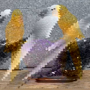 10” Hand Carved Calcite Parrots 7” X 8” Amethyst & Quartz Crystal 11 Pounds: absolutely gorgeous amethyst and quartz section, approximately 8” x 7” weighs over 7 poundsTwo handsome parrots, approximately 10 inches each , hand carved from yellow Calcite with Jasper