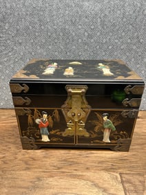 Vintage oriental motif black lacquer, reliefed, geisha jewelry box