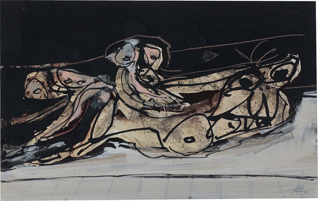 Antonio Saura. Untitled. 1974: Antonio Saura (1930 – Huesca – 1998). Untitled. 1974 India ink, gouache and coloured chalk on illustrated book page. 19,5 × 30,1 cm (7 ⅝ × 11&