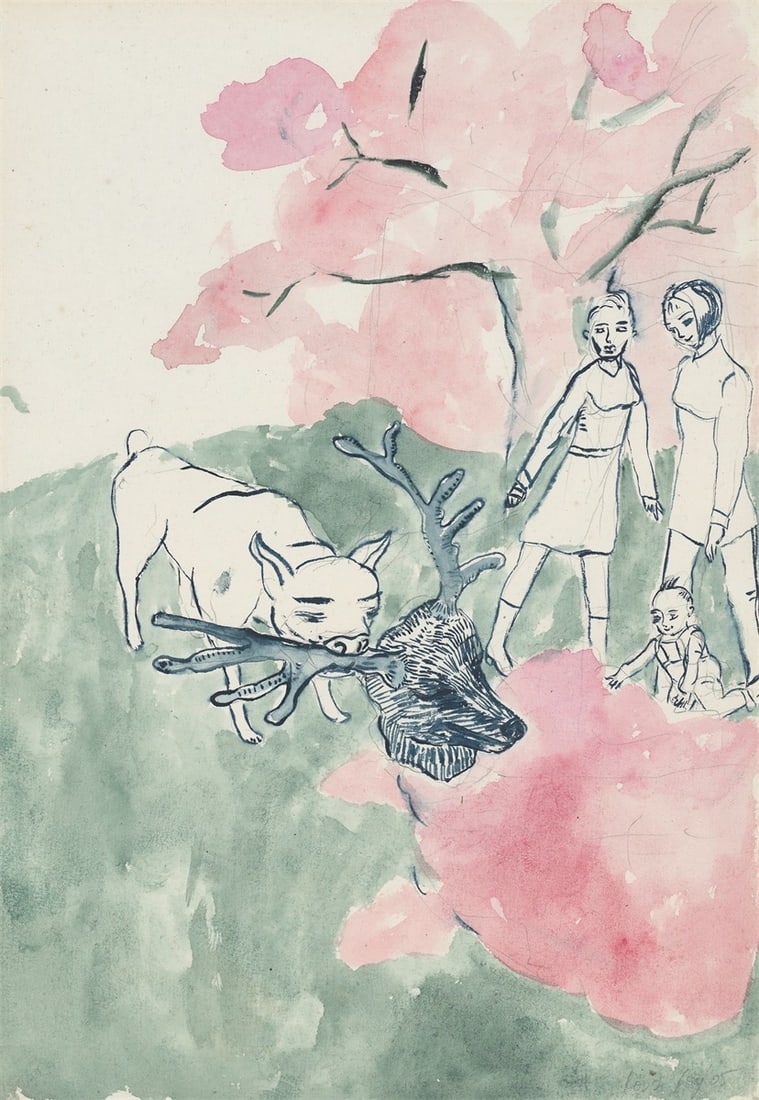 Rosa Loy. ”Beute”. 2005: Rosa Loy (Zwickau 1958 – lives in Leipzig). ”Beute”. 2005 Watercolour and pencil on thin laid paper. 30 × 21,1 cm (11 ¾ × 8 ¼&n