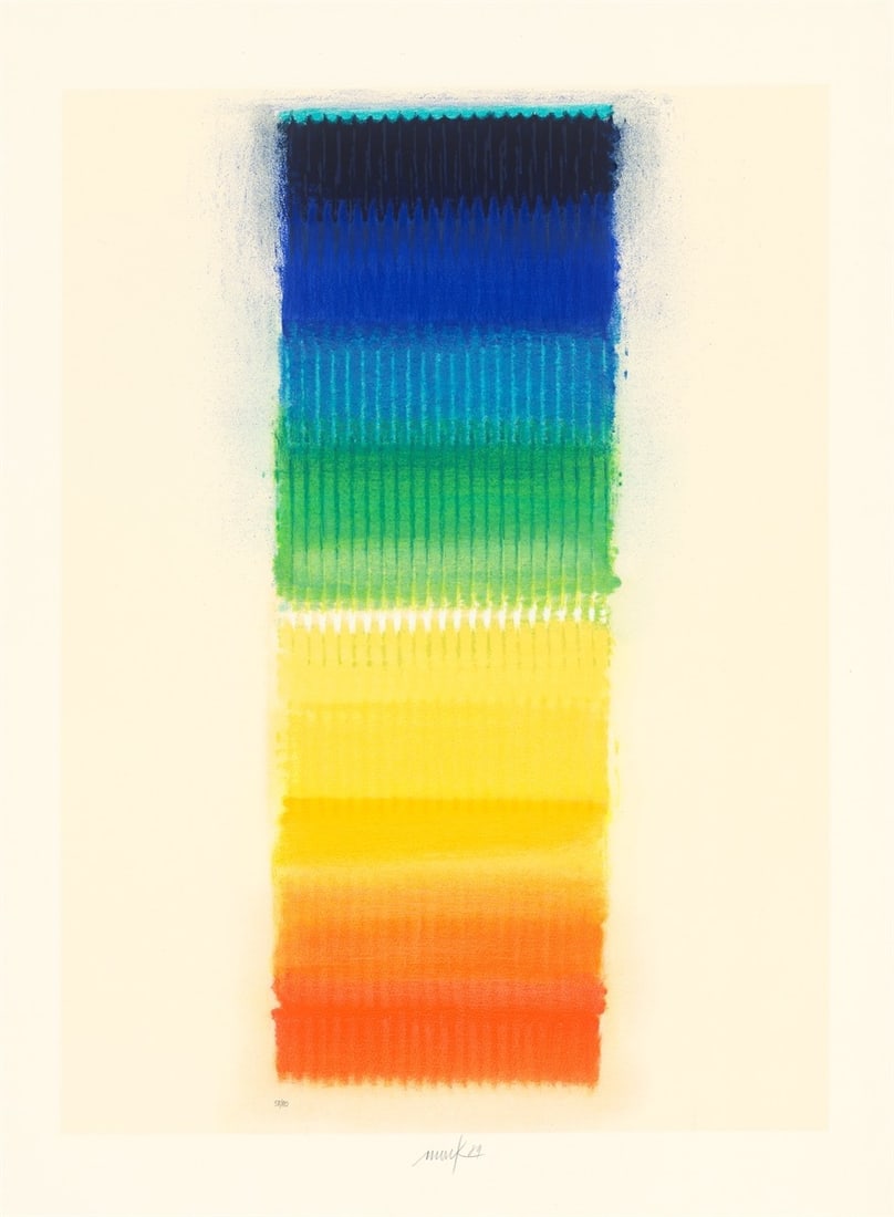 Heinz Mack. ”Regenbogen”. 1989: Heinz Mack (Lollar 1931 – lives in Mönchengladbach). ”Regenbogen”. 1989 Colour silkscreen on wove paper. 89,5 × 46 cm (109,5 × 80 cm) (35