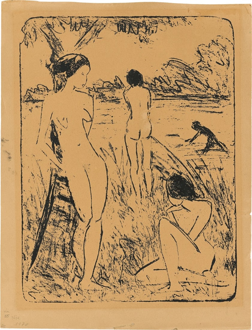 Otto Mueller. ”Ein am Baum stehendes, ein sitzendes und zwei badende Mädchen”. 1914: Otto Mueller (Liebau, Silesia 1874 – 1930 Wrocław). ”Ein am Baum stehendes, ein sitzendes und zwei badende Mädchen”. 1914–18 Lithograph on thin yellowish cardboard. 4