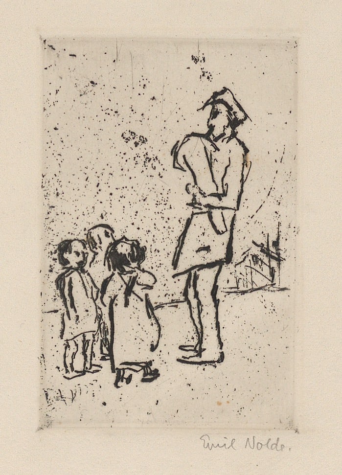 Emil Nolde. ”Kinder und Straßenmusikant”. 1909: Emil Nolde (Nolde 1867 – 1956 Seebüll). ”Kinder und Straßenmusikant”. 1909 Drypoint etching on wove paper. 11,6 × 7,6 cm (50,5 × 34,3&nbs
