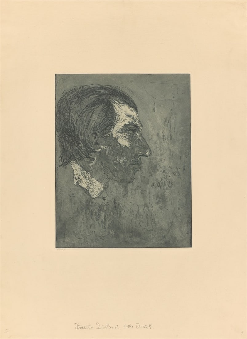 Emil Nolde. ”Hugo del Caril”. 1908: Emil Nolde (Nolde 1867 – 1956 Seebüll). ”Hugo del Caril”. 1908 Etching and vernis mou on cream wove paper, in the original mat. 30,6 × 24 cm (59,9 ×